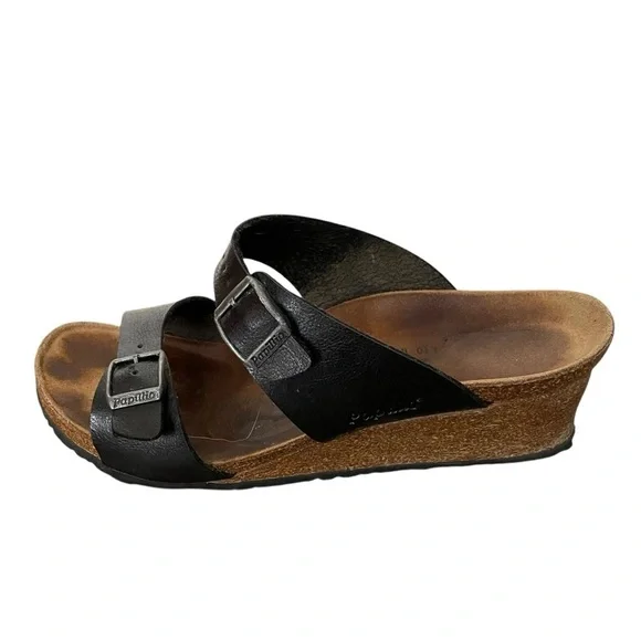 BIRKENSTOCK Papillio Dorothy Graceful Cork Wedge Leather Buckle Sandal Black 10 - Picture 3 of 15